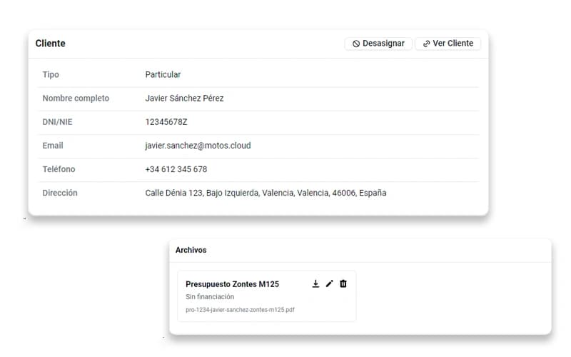 Historial de clientes y oportunidades en motos.tech