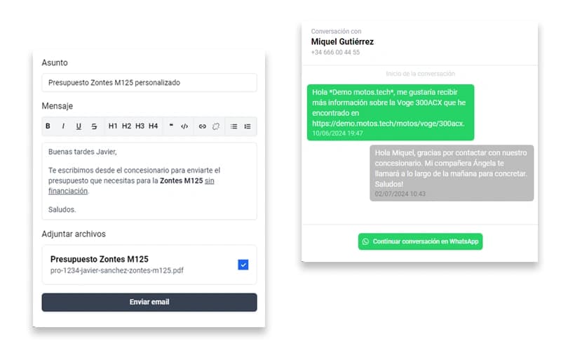 Conversaciones y leads conectados al CRM de motos.tech