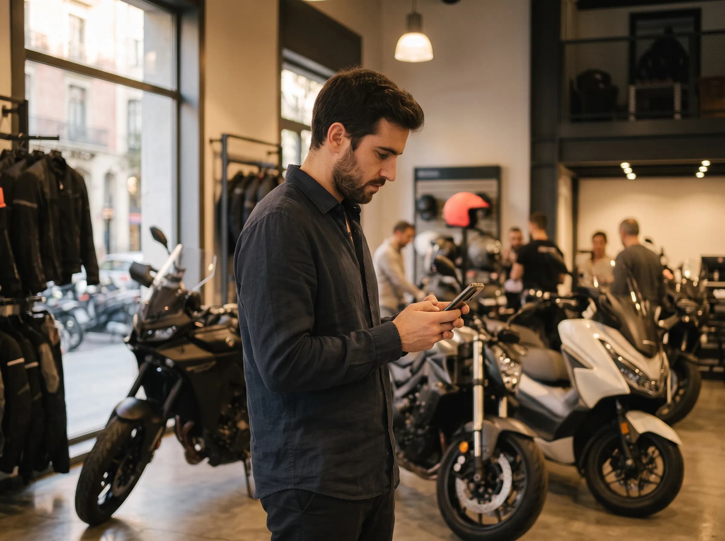 Un comercial responde a un cliente por WhatsApp en el showroom del concesionario.