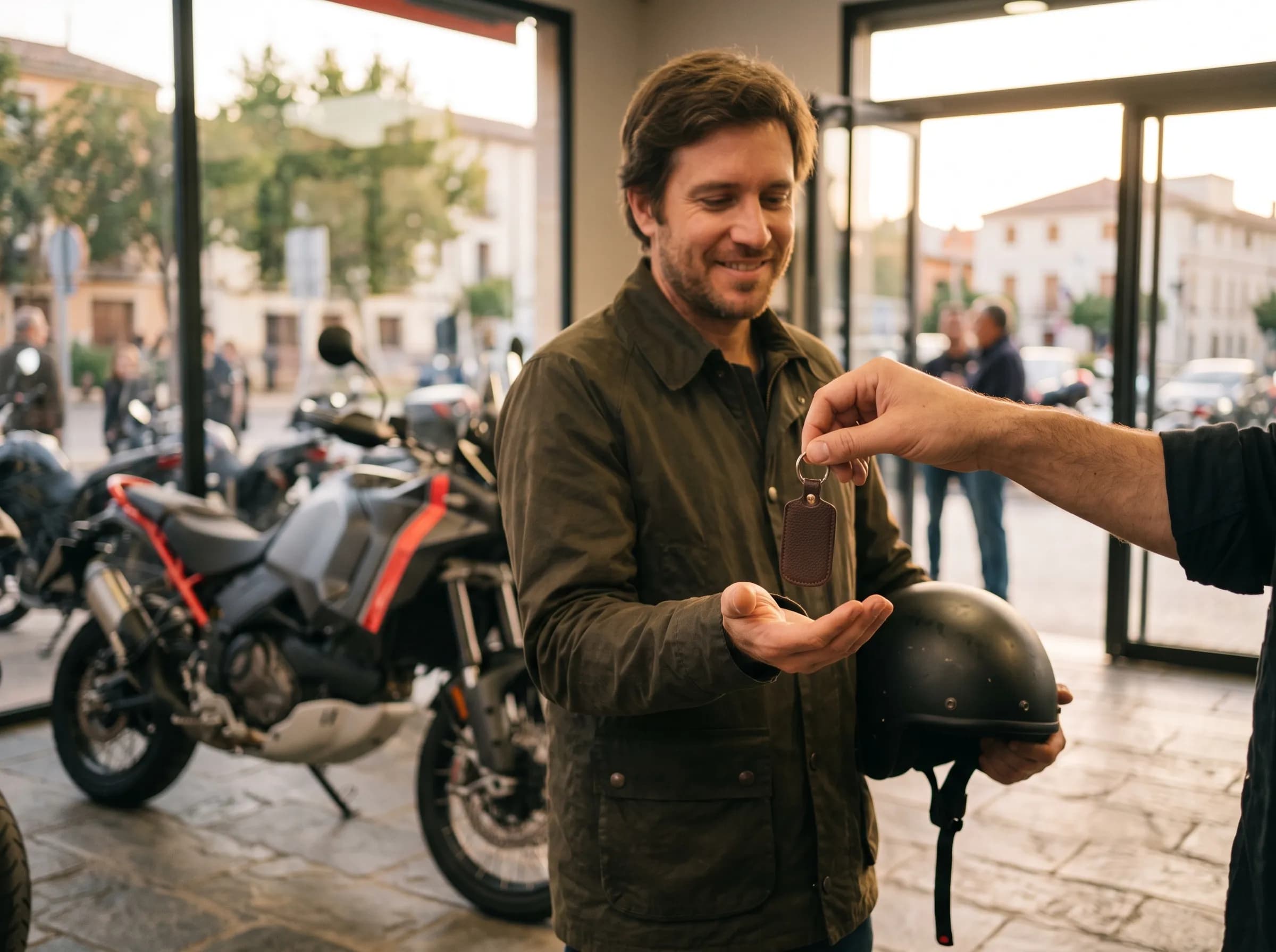 Un cliente recibe las llaves de su moto nueva en el concesionario.