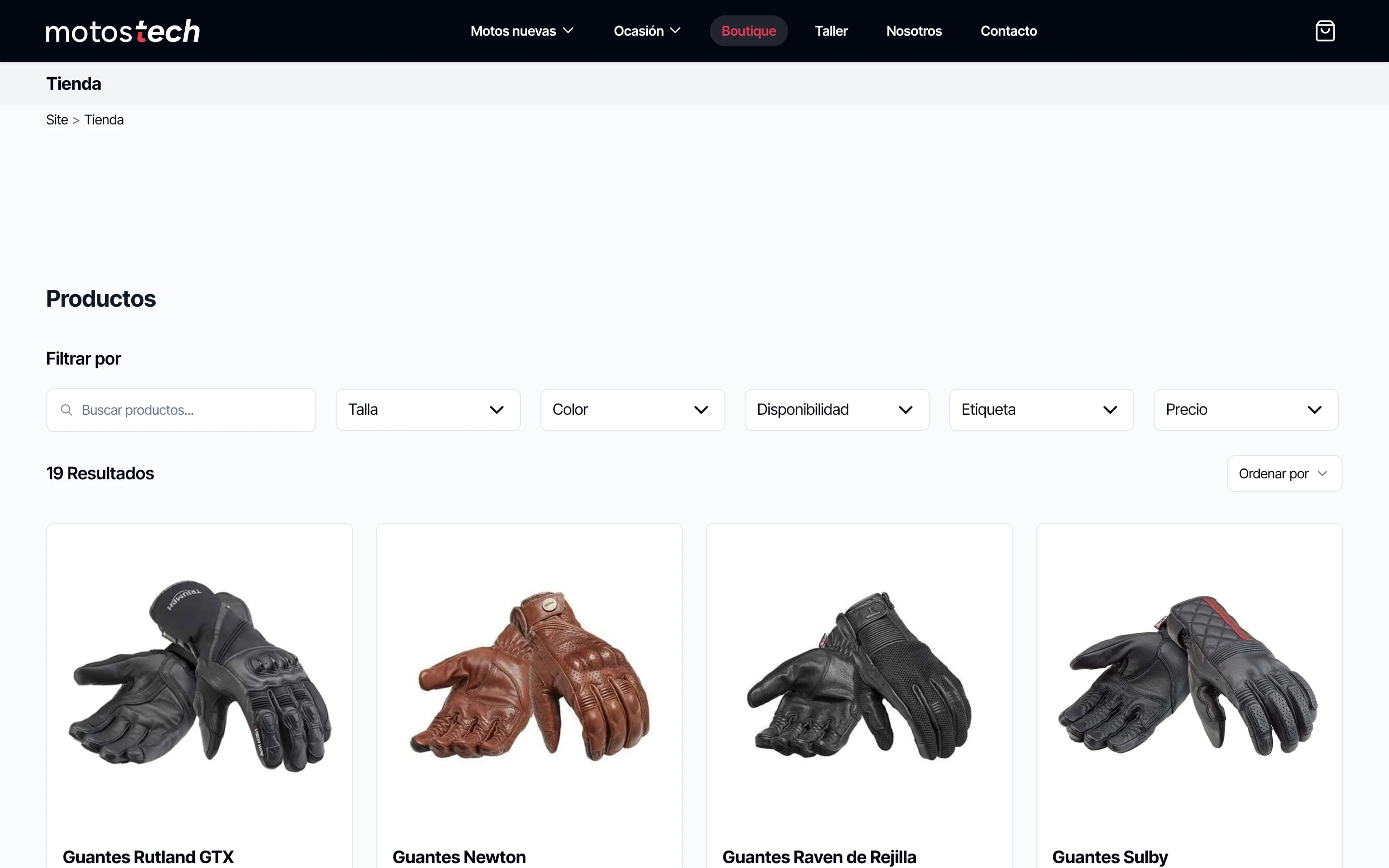Tienda online de demostración de un concesionario, con filtros por talla, color y precio, y guantes de moto a la venta.