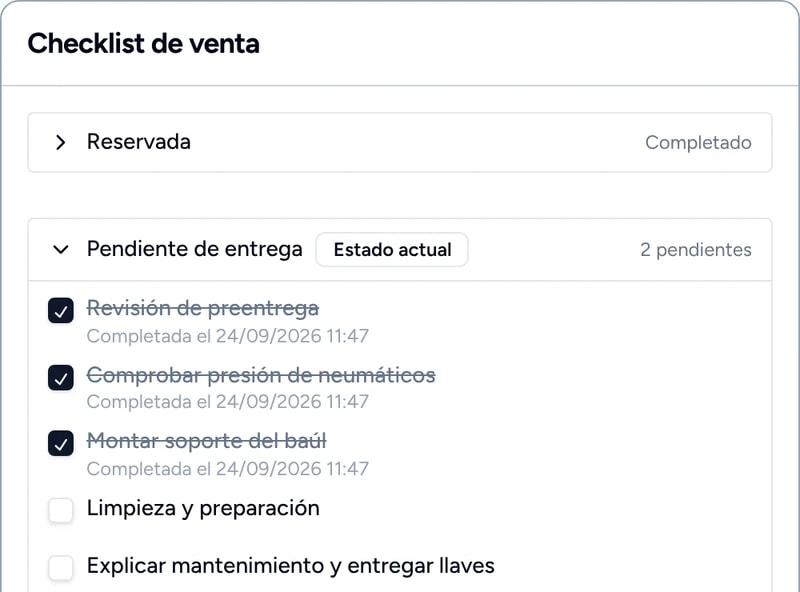 Checklist de venta con tres tareas completadas y dos pendientes antes de la entrega.