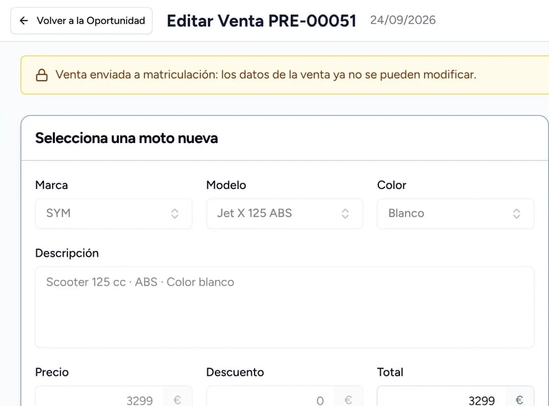 Hoja de venta PRE-00051 de una SYM Jet X 125 ABS blanca, enviada a matriculación.