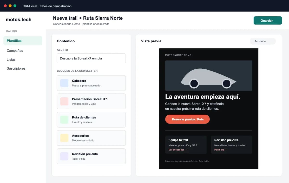 Editor y vista previa de una newsletter ficticia para presentar una moto trail y una ruta de clientes