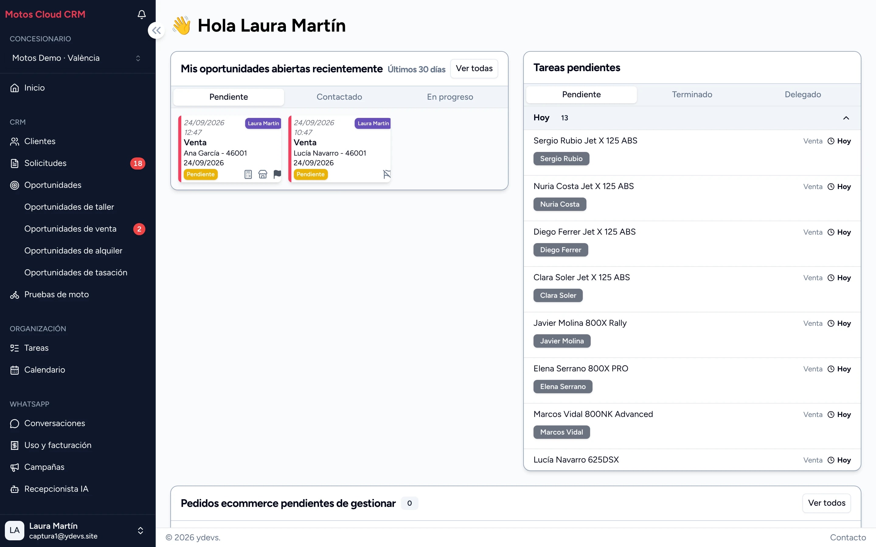 Inicio del CRM de una comercial: sus oportunidades abiertas y las tareas pendientes de hoy.