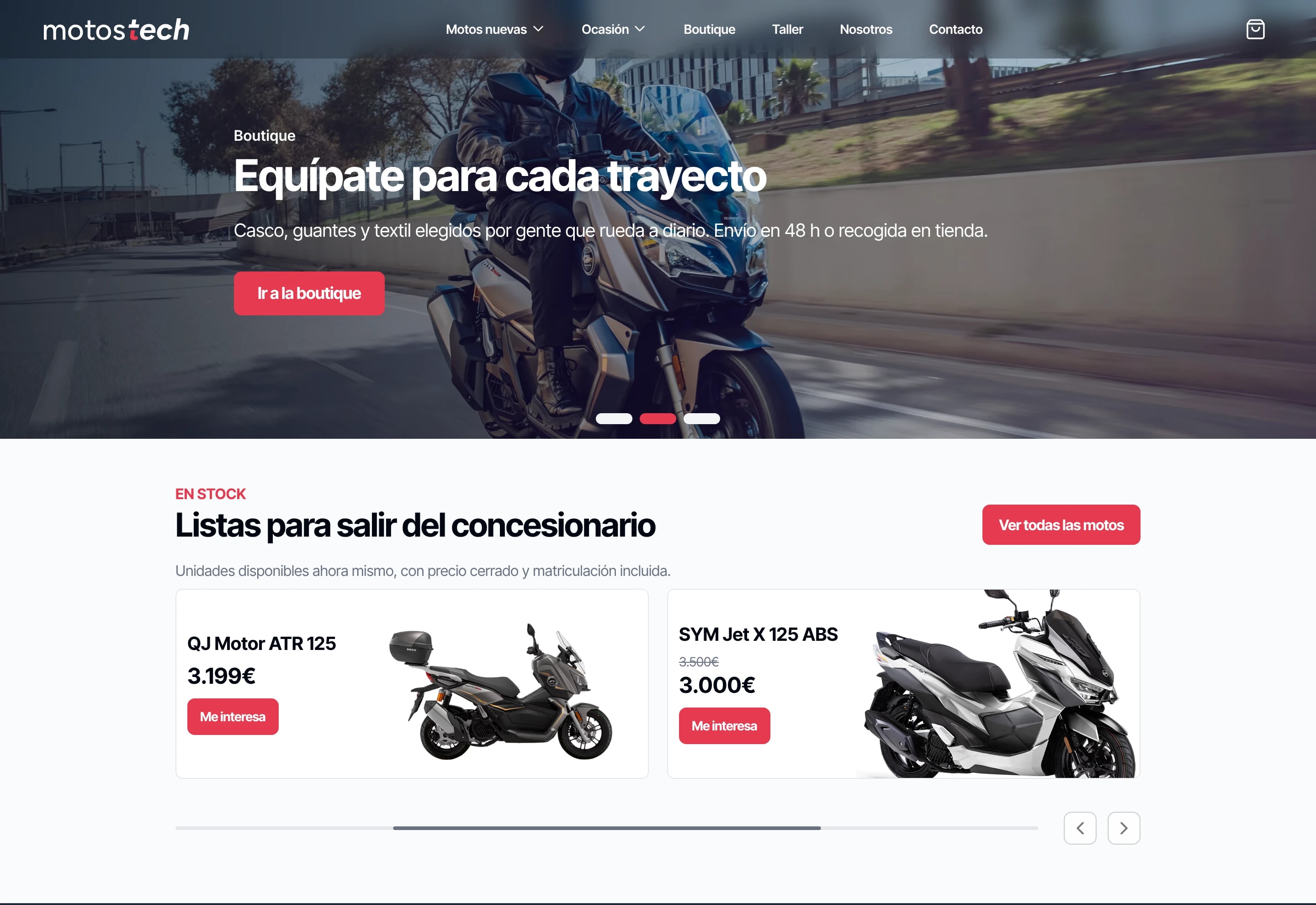 Web de demostración de un concesionario, con navegación, portada y motos en stock con su precio.