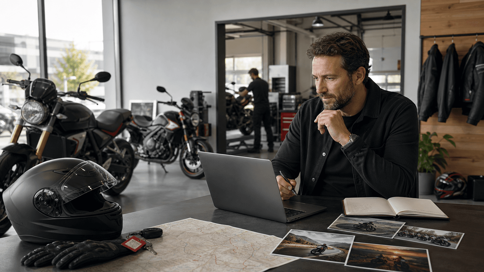 Responsable de un concesionario preparando una campaña de email con motos y taller al fondo