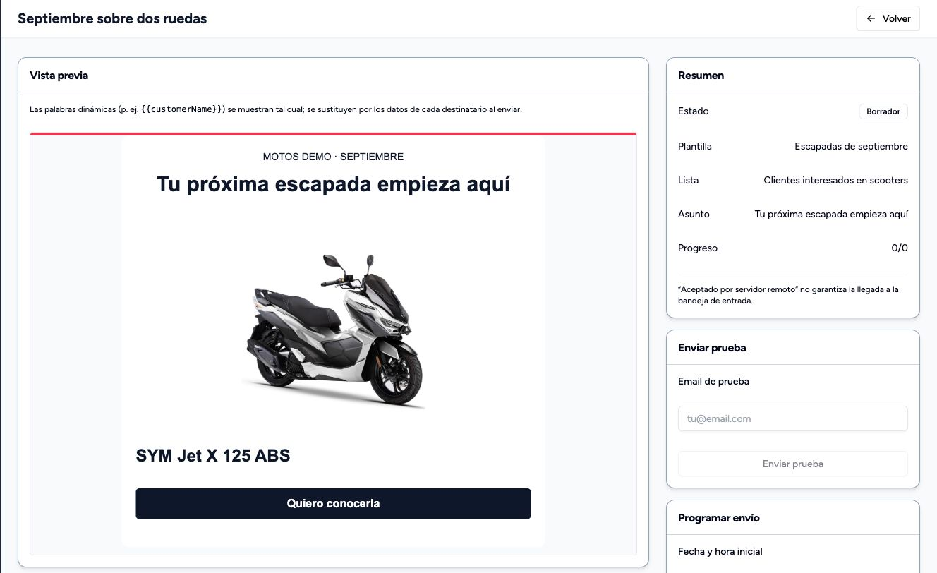 Campaña de newsletter en borrador con una moto del catálogo, lista de destinatarios y vista previa del correo.