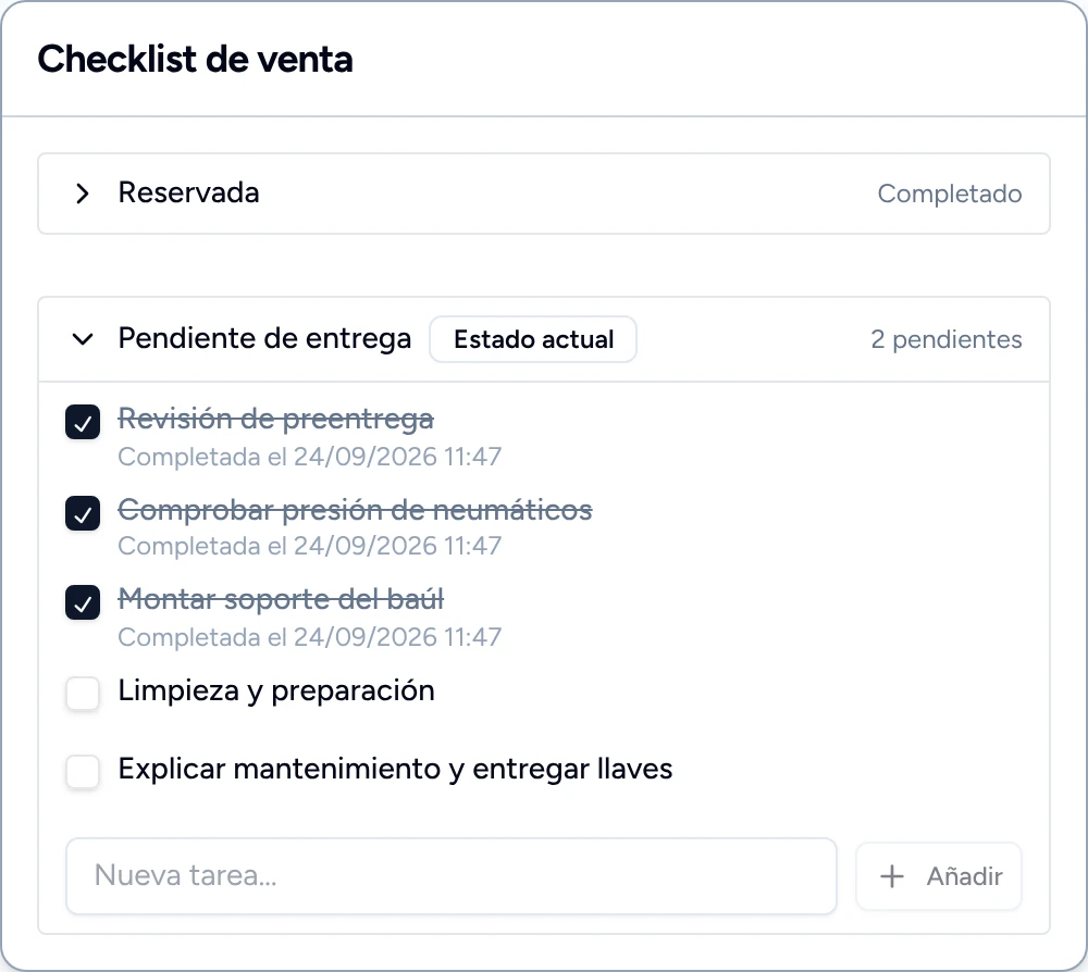 Checklist de venta: revisión, neumáticos y soporte completados; limpieza y entrega de llaves pendientes.