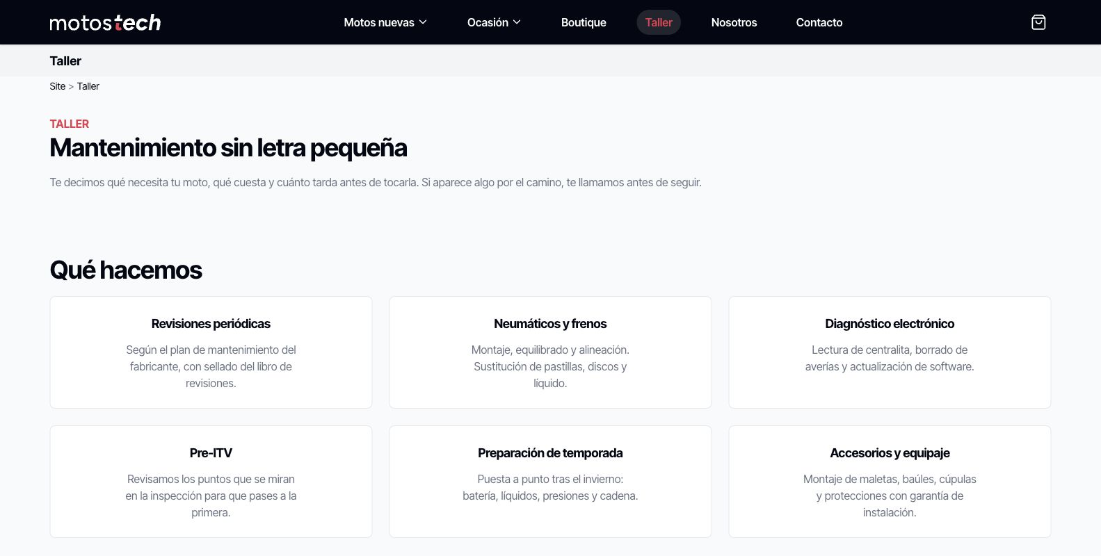 Servicios de taller publicados en la web de demostración del concesionario.