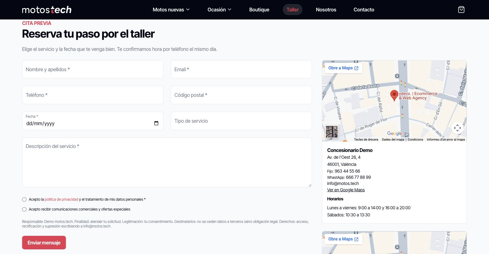 Formulario de consulta de taller en la web de demostración, con servicio, fecha y datos de contacto.